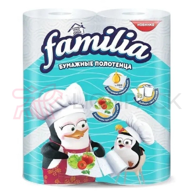 Полотенца бумажные Familia 2 рулона, 2-слоя, белые Полотенца бумажные Familia 2 рулона, 2-слоя, белые