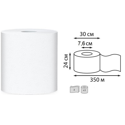 Полотенца бумажные протирочные PROtissue 350 м, 2-слоя, в рулонах на втулке, белые (C387)
