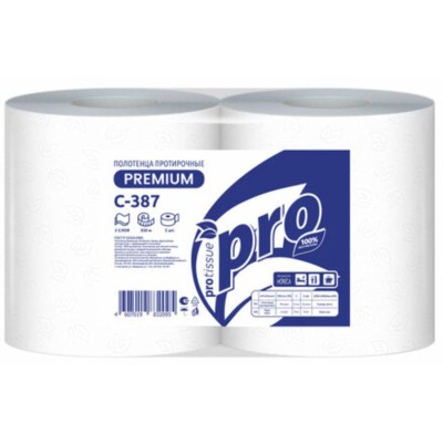 Полотенца бумажные протирочные PROtissue 350 м, 2-слоя, в рулонах на втулке, белые (C387)