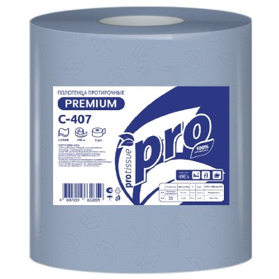 Полотенца бумажные протирочные PROtissue 350 м, 2-слоя, в рулонах на втулке, синие (C407)