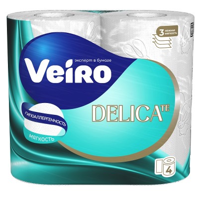 Туалетная бумага Veiro Delicate,  4 рулона, 3 слоя, белая