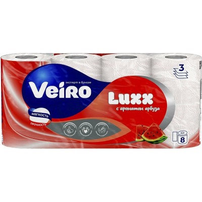 Туалетная бумага VEIRO LUXX 8 рулонов, 3-слоя, арбуз, белая (С28)