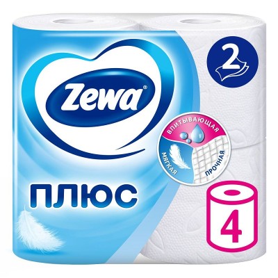 Туалетная бумага ZEWA Плюс 4 рулона, 2-слоя, белая