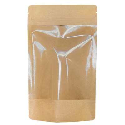 Пакет бумажный Дой-пак 135×225 (35+35) крафт с окном 140 мм с замком zip-lock, 100 шт