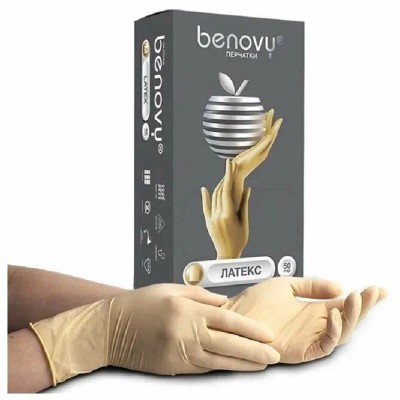 Перчатки латексные Benovy M, опудренные, бежевые, 50 пар