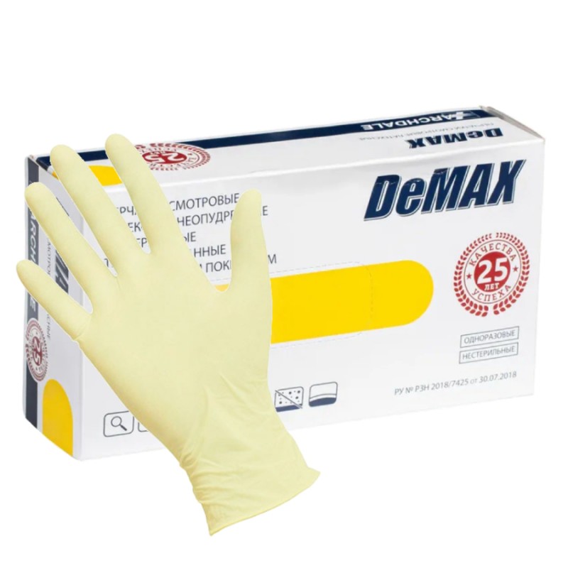 Перчатки латексные Demax M, неопудренные, бежевые, 50 пар