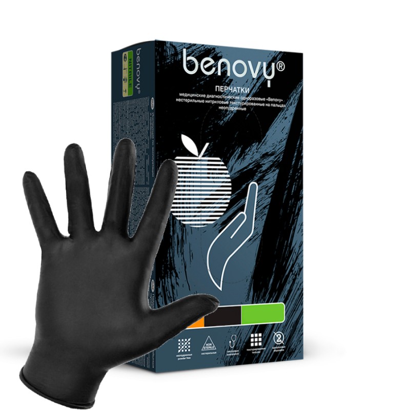 Перчатки нитриловые Benovy L, черные, 100 пар