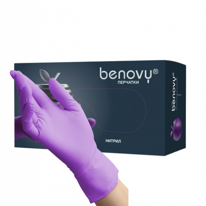 Перчатки нитриловые Benovy M, сиреневые, 50 пар Перчатки нитриловые Benovy M, сиреневые, 50 пар