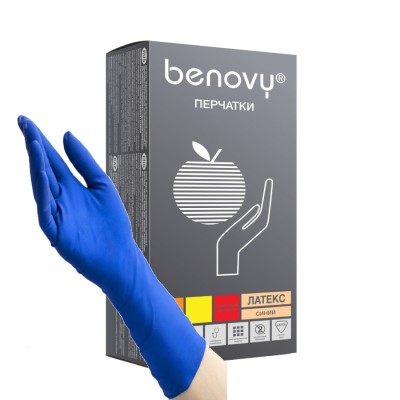 Перчатки одноразовые латексные Benovy High Risk M, неопудренные, синие, медицинские, 25 пар