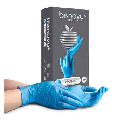 Перчатки нитриловые Benovy Chlorinated L, голубые, 100 пар
