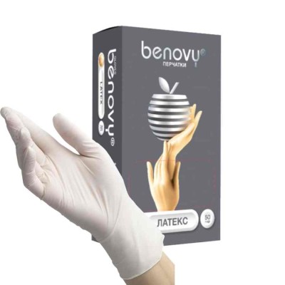 Перчатки одноразовые латексные медицинские Benovy M, неопудренные, бежевые, 50 пар