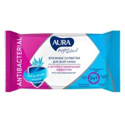Влажные салфетки AURA с антибактериальным эффектом tropic cocktail, 15 шт