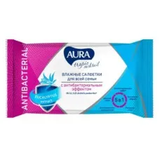 Влажные салфетки AURA с антибактериальным эффектом tropic cocktail, 15 шт